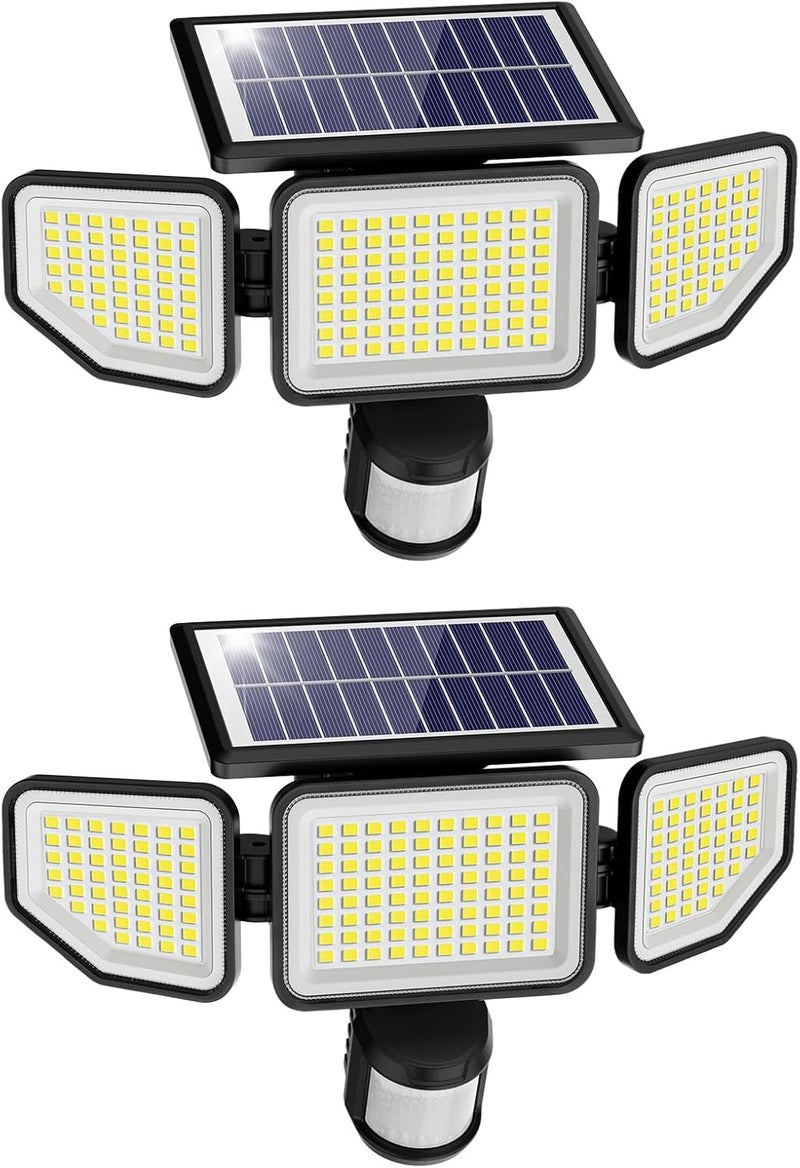 Onforu 4500LM أضواء شمسية خارجية، 3 رؤوس أضواء أمان مع جهاز تحكم عن بعد، أضواء حساسة للحركة مقاومة للماء IP65، 3 أوضاع أضواء فيض للحوائط، الشرفات، الساحات، الخارج، عبوة من 2 - Image 1